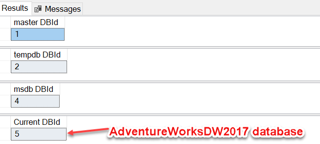 Example of metadata function DB_ID() in SQL Server.