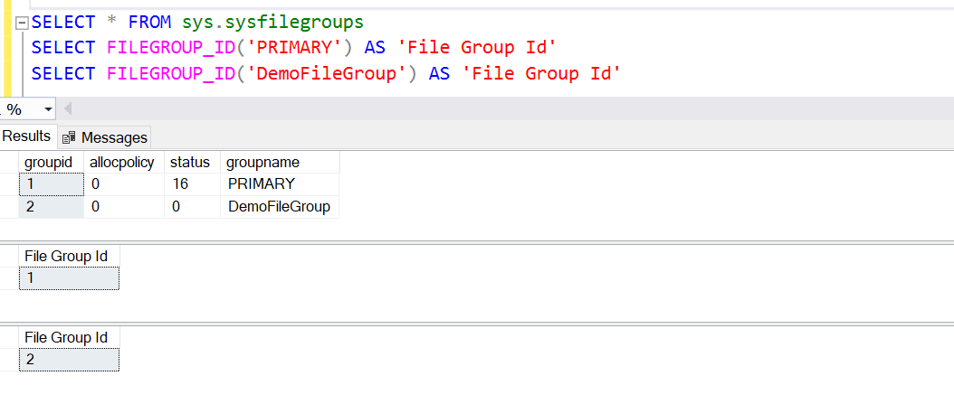 Examples of metadata function FILEGROUP_ID() in SQL Server.