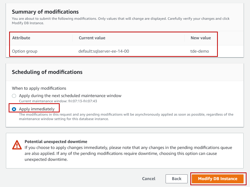 modify the database instance to enable Transparent Data Encryption 