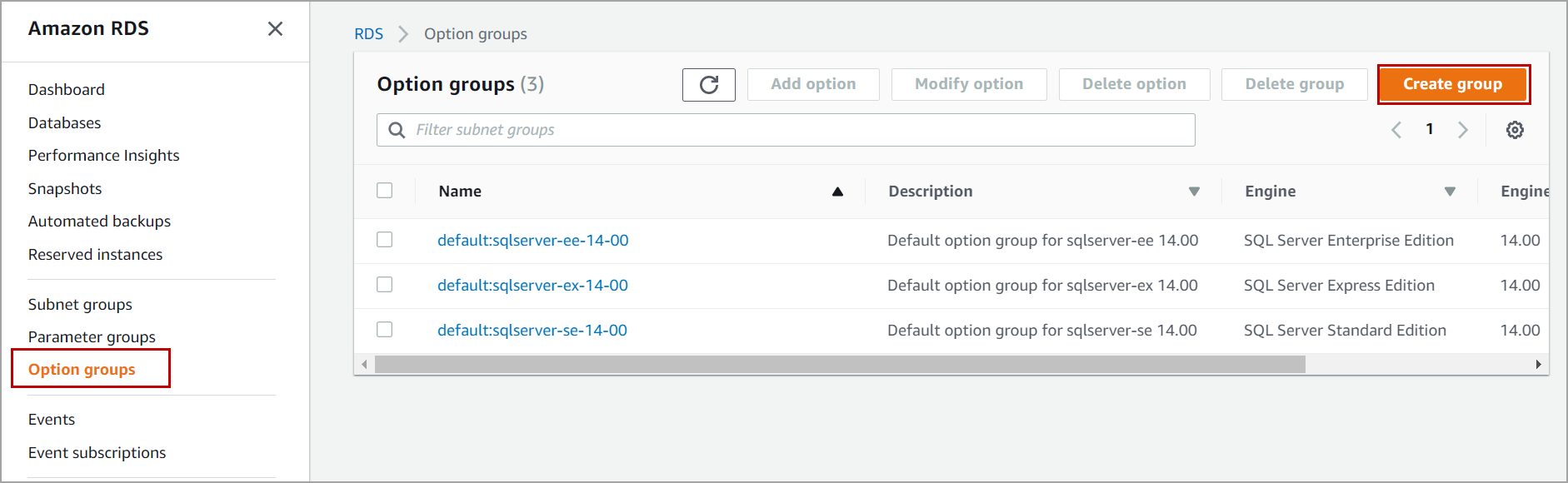 option groups in AWS RDS SQL Server