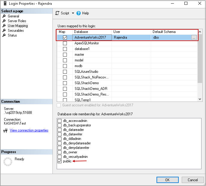 Pubclic role of a user in the database