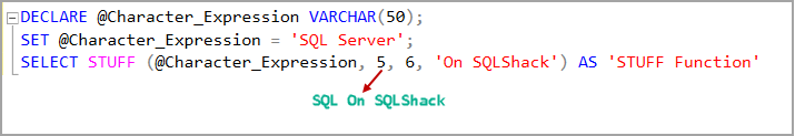 STUFF function with starting position 5 mremoving six characters and replacing a substring