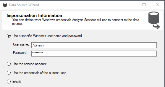 This image show how to provide credintials to connect to the source from SSAS