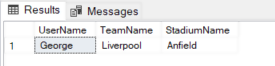 Output of query showing user name, football team supported and football stadium