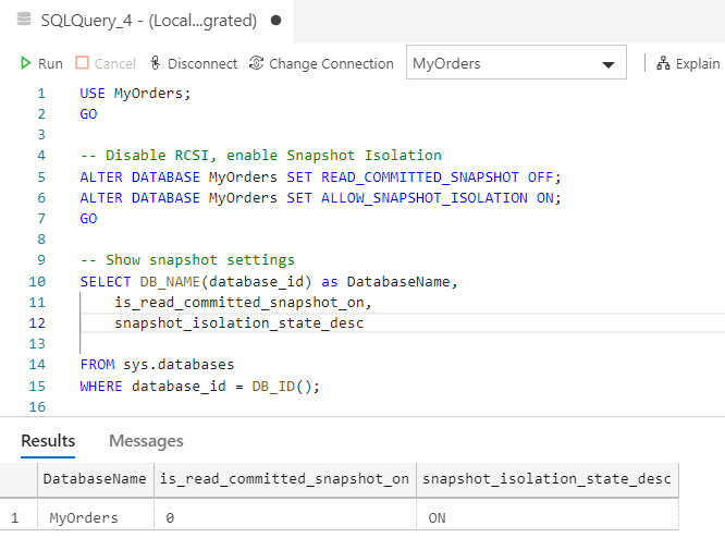 Setting a database to allow the use of snapshot isolation