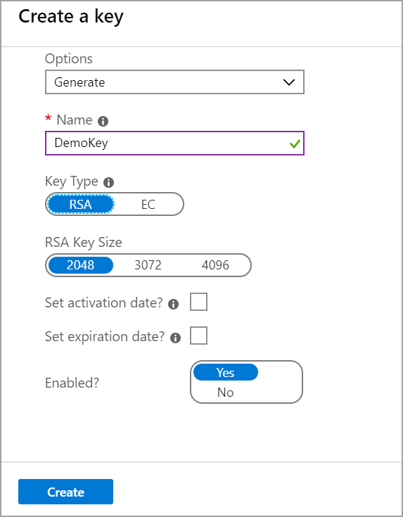 creating Asymmetric Key in Azure Key Vault