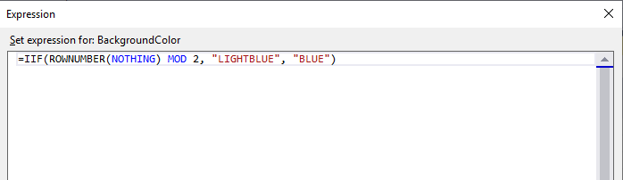 Expression for the alternate row colors in SSRS. 