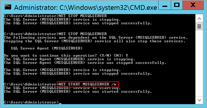 stop SQL Server services using command prompt