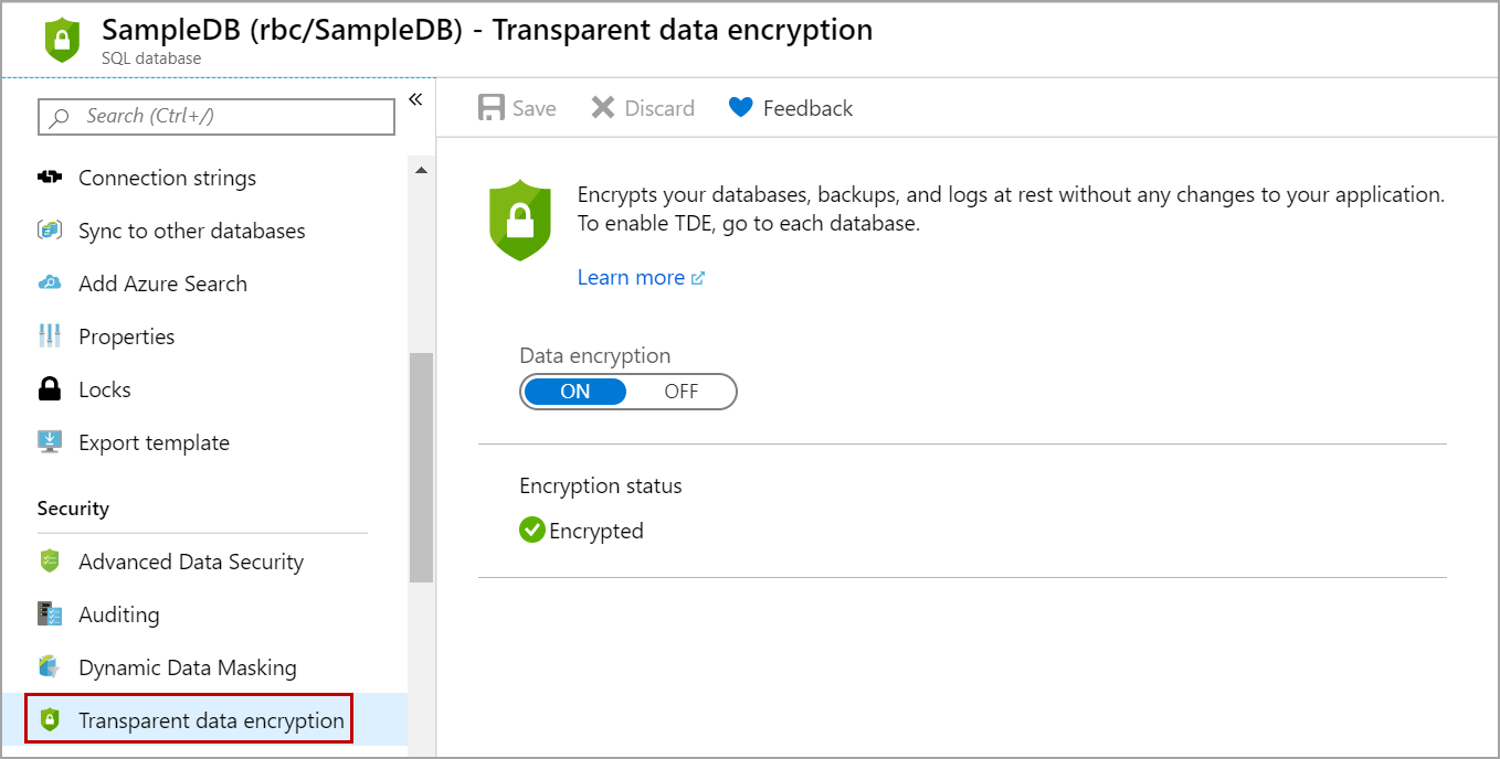 Transparent data encryption on Azure single database