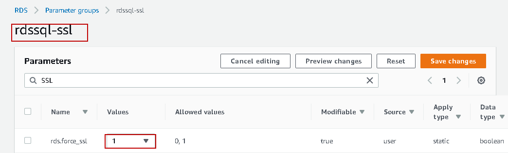 change the value of rds.force_ssl 