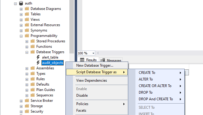 Create, Update and Drop DDL trigger by SSMS