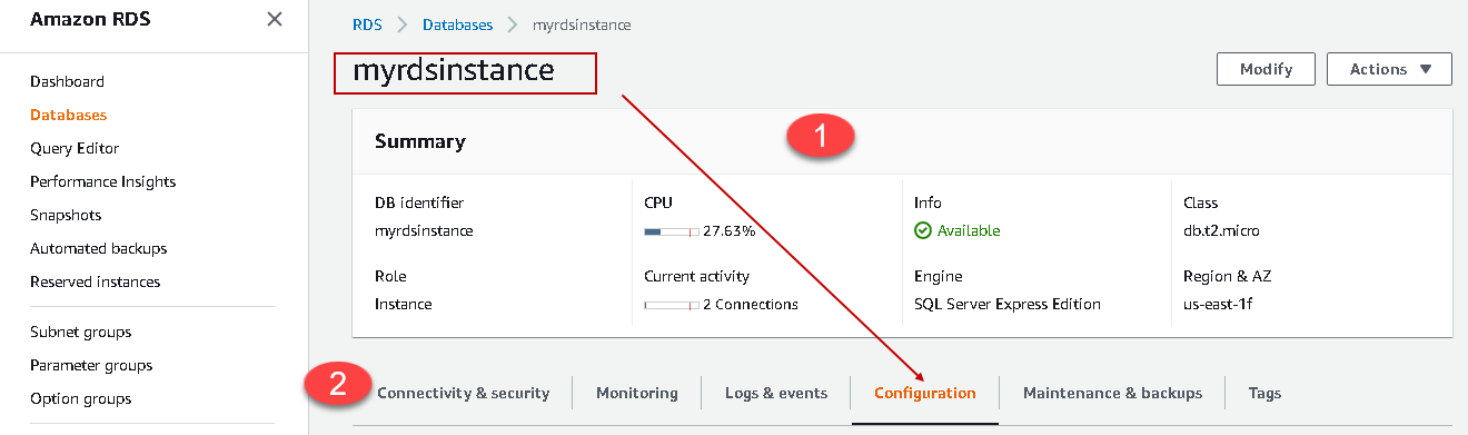 RDS instance summary 