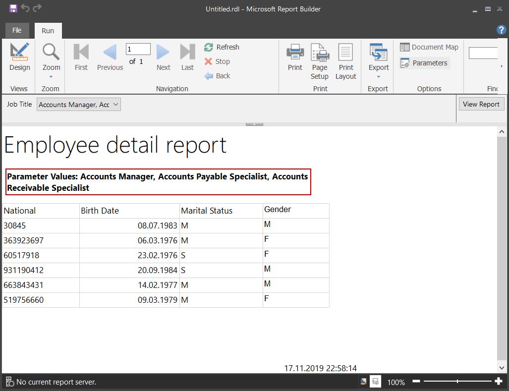 Displaying the multi-value parameter selections in the Report Builder report