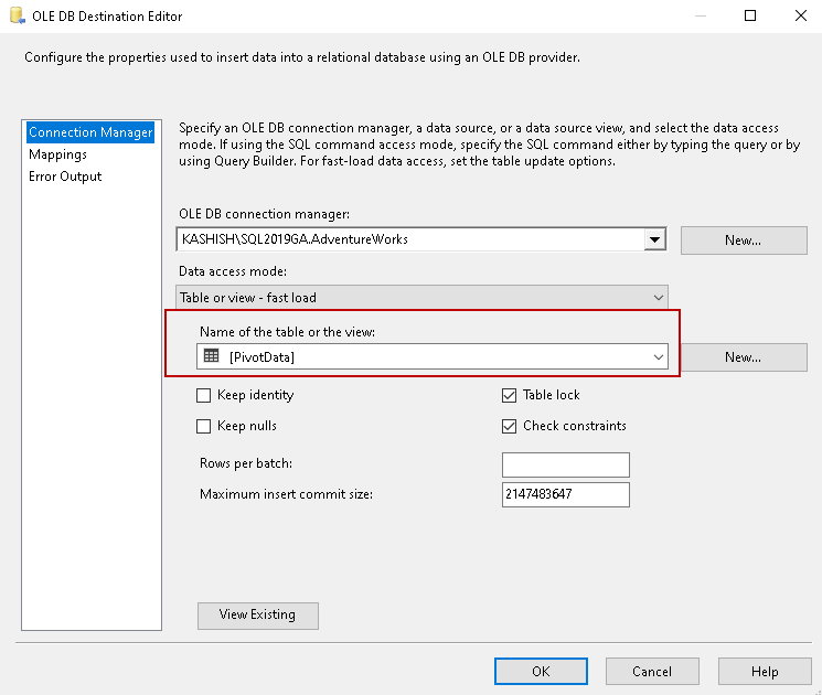 OLE DB destination editor