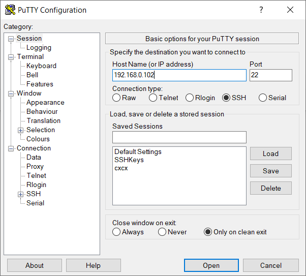 The Host Name (or IP address) box of PuTTY Configuration window 