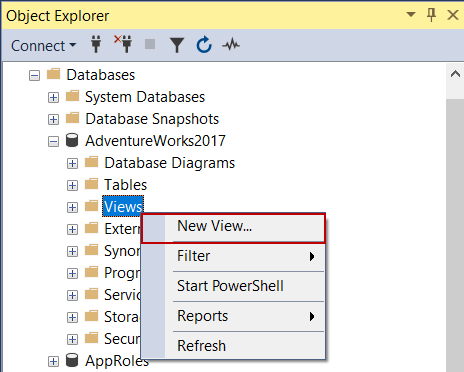 Create a view in SQL via SSMS