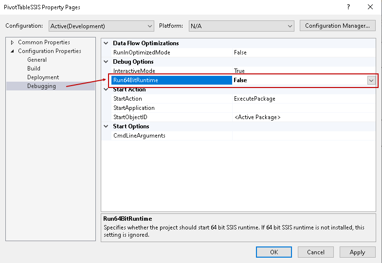 Disable SSIS project debugging