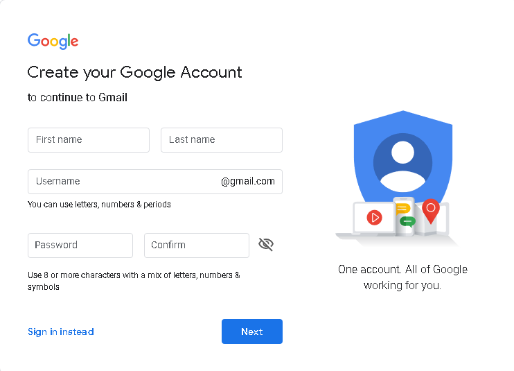 Google sign up page
