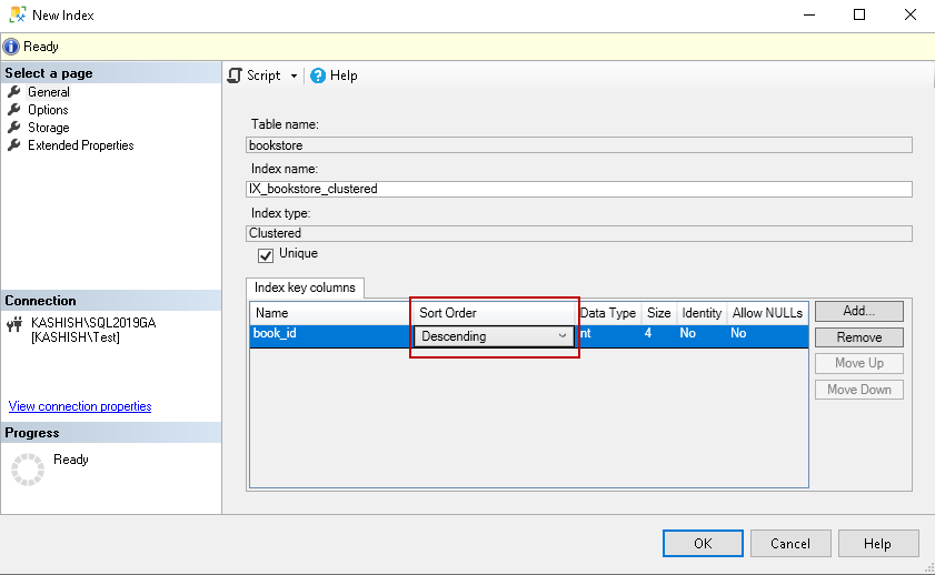 index key sort order