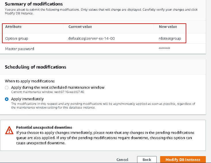 Modify RDS instance for database backup