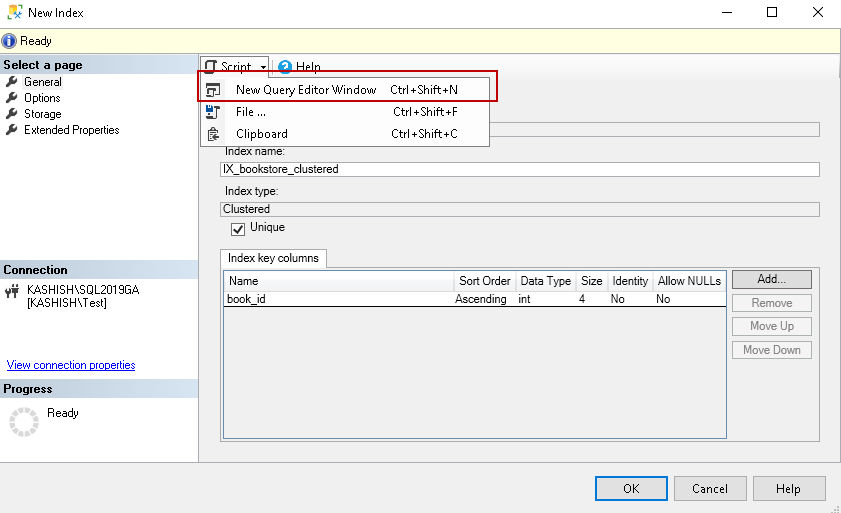 script clustered index definition