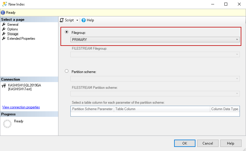 Spcify a index filegroup