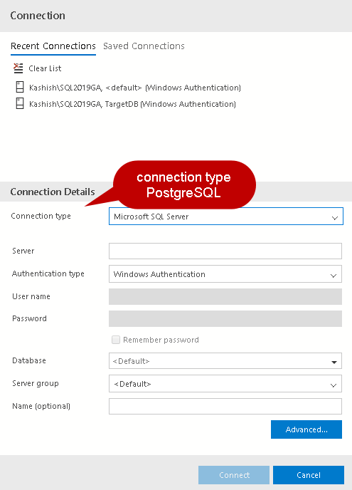 Connection Type PostgreSQL