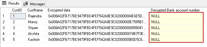 NULL values for the decrypted data