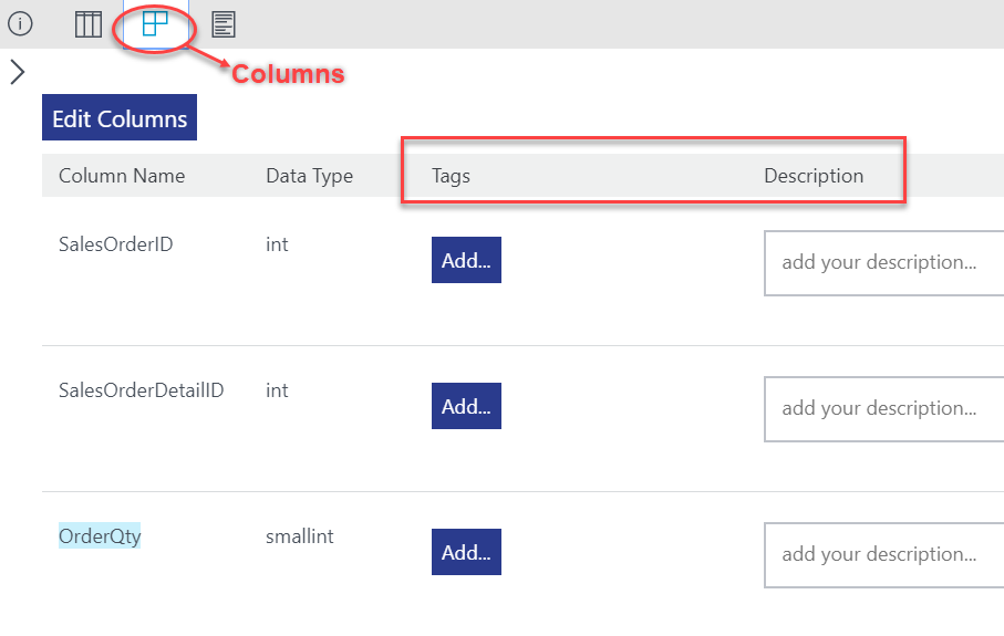 Annotate columns in the data catalog.