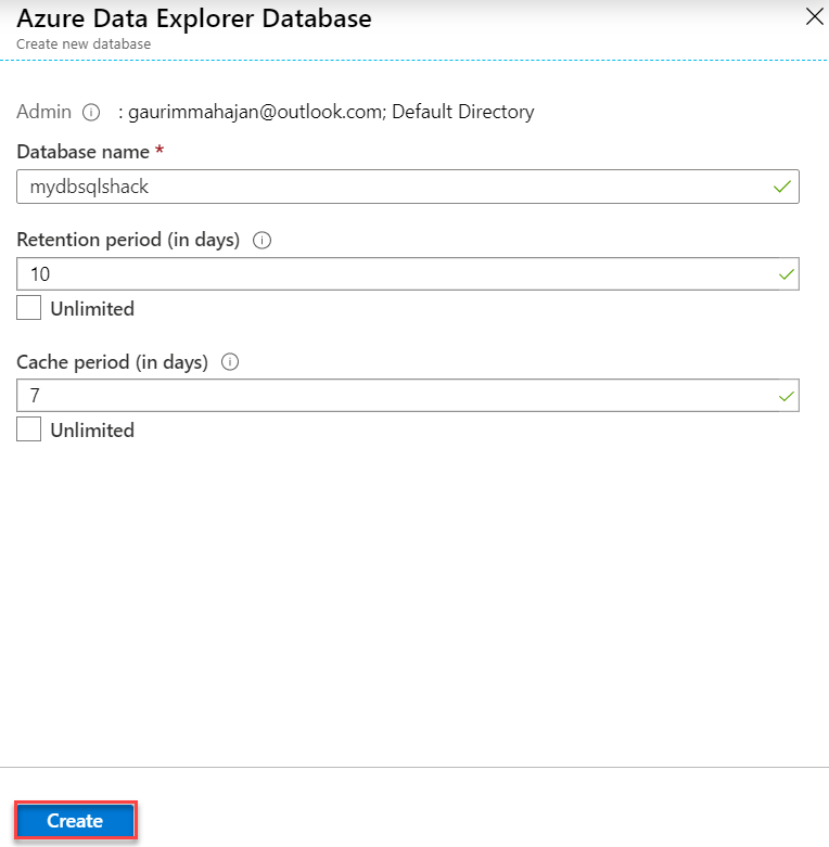 Create a new database in ADX.