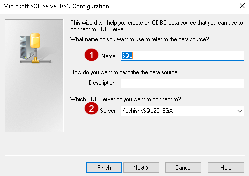 Enter DSN connection name and SQL instance 