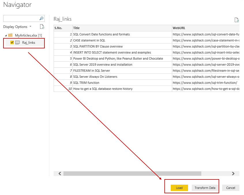 Load and Transform Data buttons 