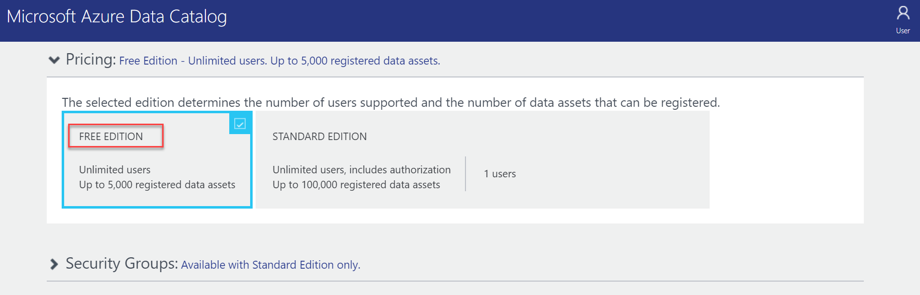 Pricing in Data Catalog in Azure.