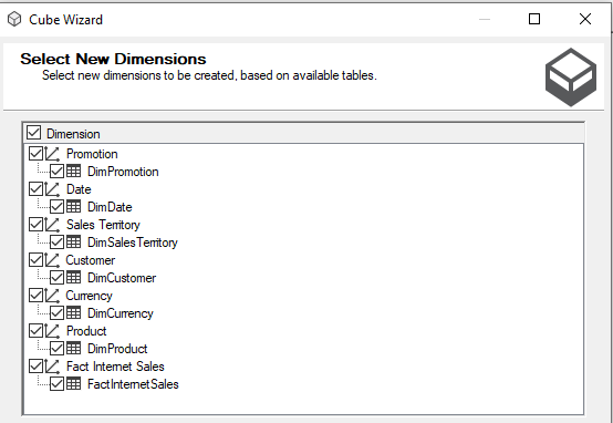 Select Dimensions for the Cube.