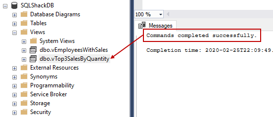 A message in result-set saying that CREATE VIEW SQL command completed successfully and showing the newly created view in Object Explorer