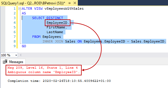 An executed ALTER VIEW SQL script showing error message about ambiguous column name returned only for the SELECT statement in SSMS