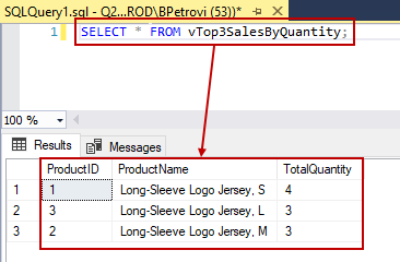 An executed SELECT statement using a view in the FROM clause showing a list of products and total purchasing number
