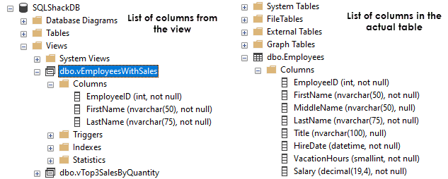 Object Explorer showing the difference between the list of columns in a table and a view