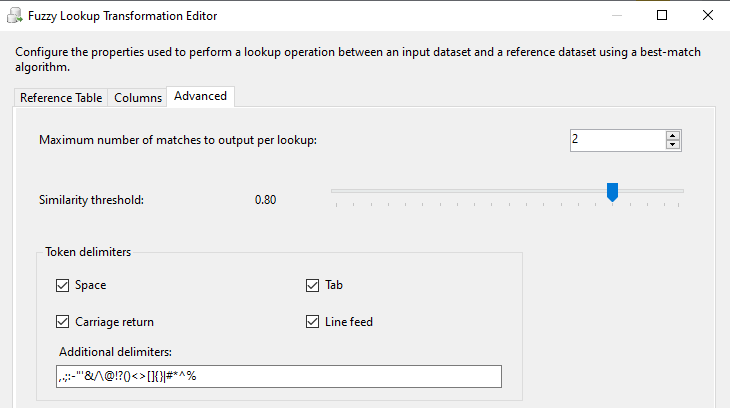 Advanced configuration for Fuzzy Lookup in SSIS.