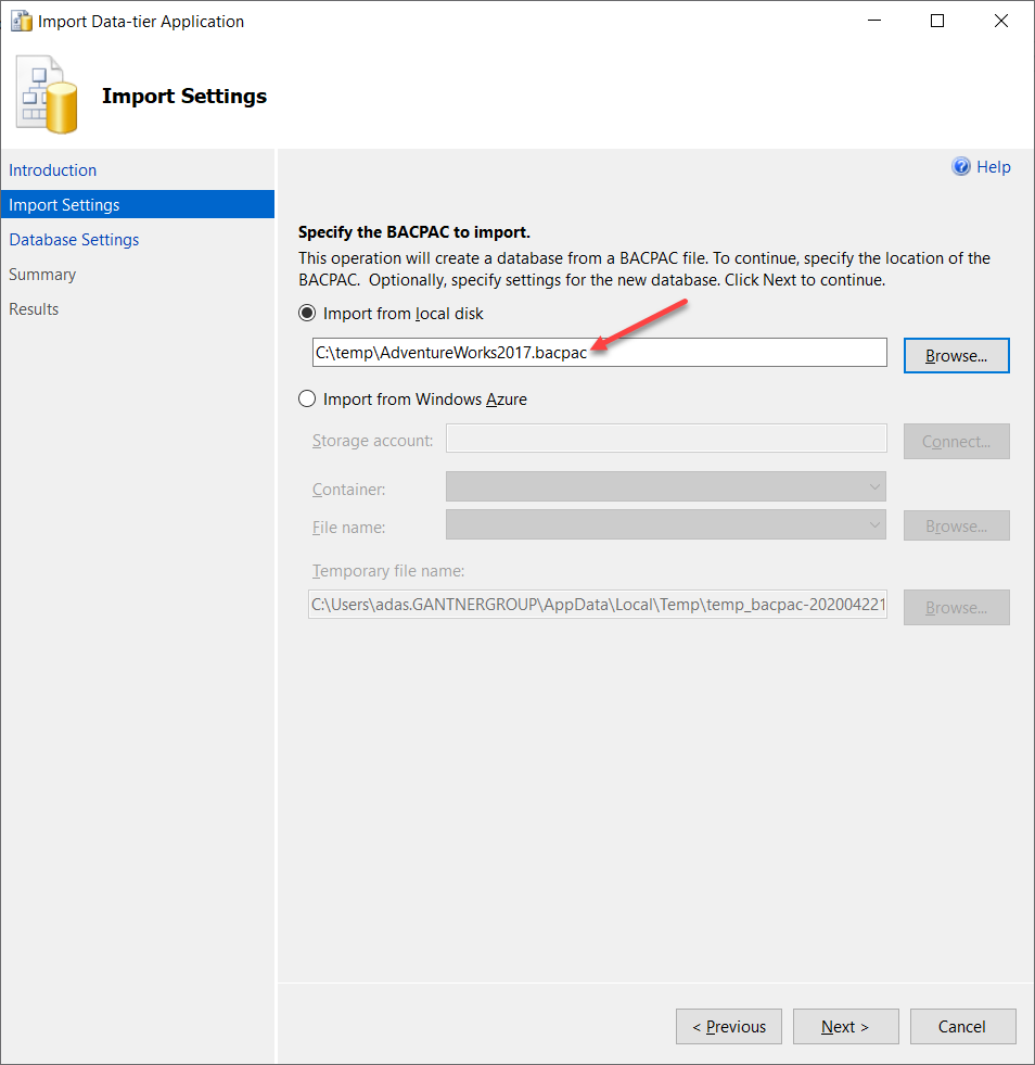 BACPAC File Location