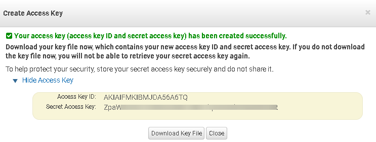 Check New Access Key and secret key