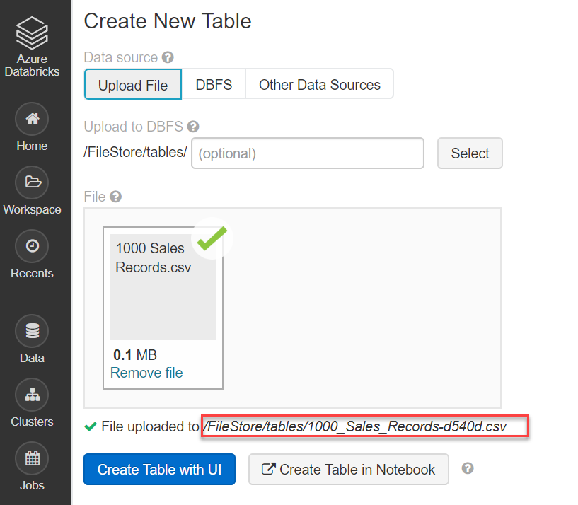 CSV file uploaded in Databricks portal on Azure.