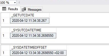 date & time functions - GETUTCDATE, SYSUTCDATETIME, SYSDATETIMEOFFSET