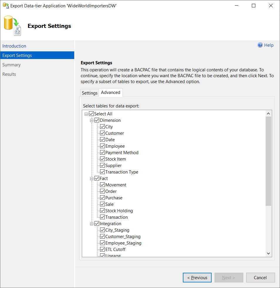 Export Data Tier Application Advanced Setting