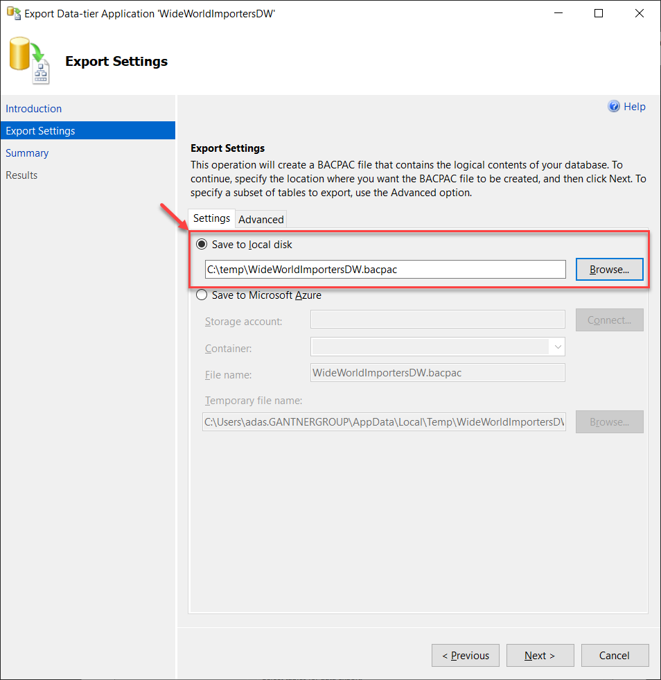 Export Data Tier Application Settings