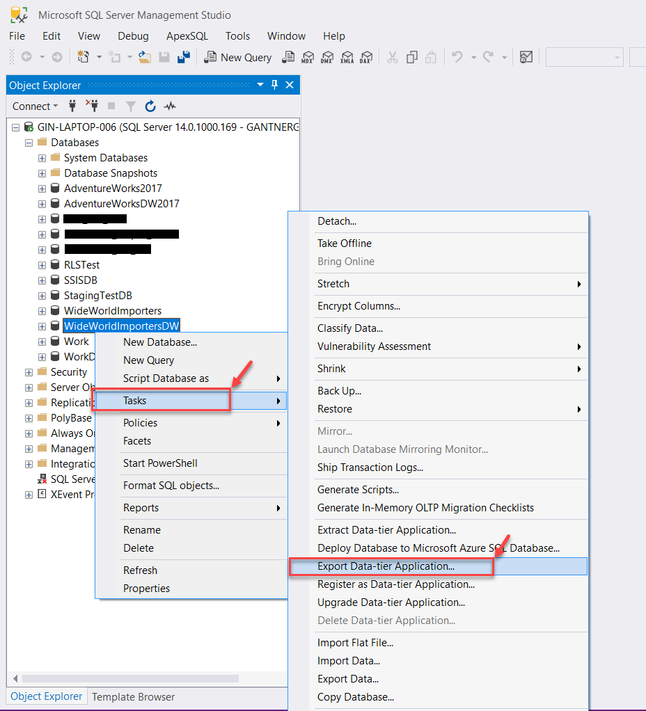 Export Data Tier Applications in SQL Server Management Studio