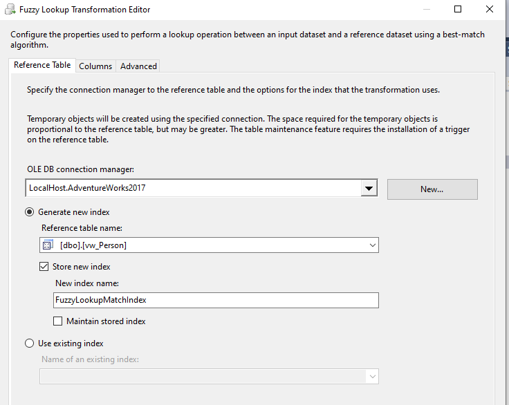 General configuration of Fuzzy Lookup in SSIS