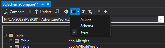 Group two SQL databases comparison results by action, schema or type