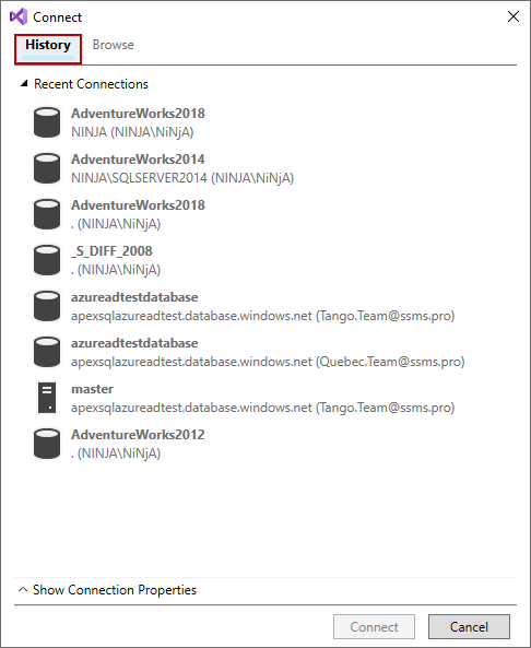 History tab in the Connect dialog 