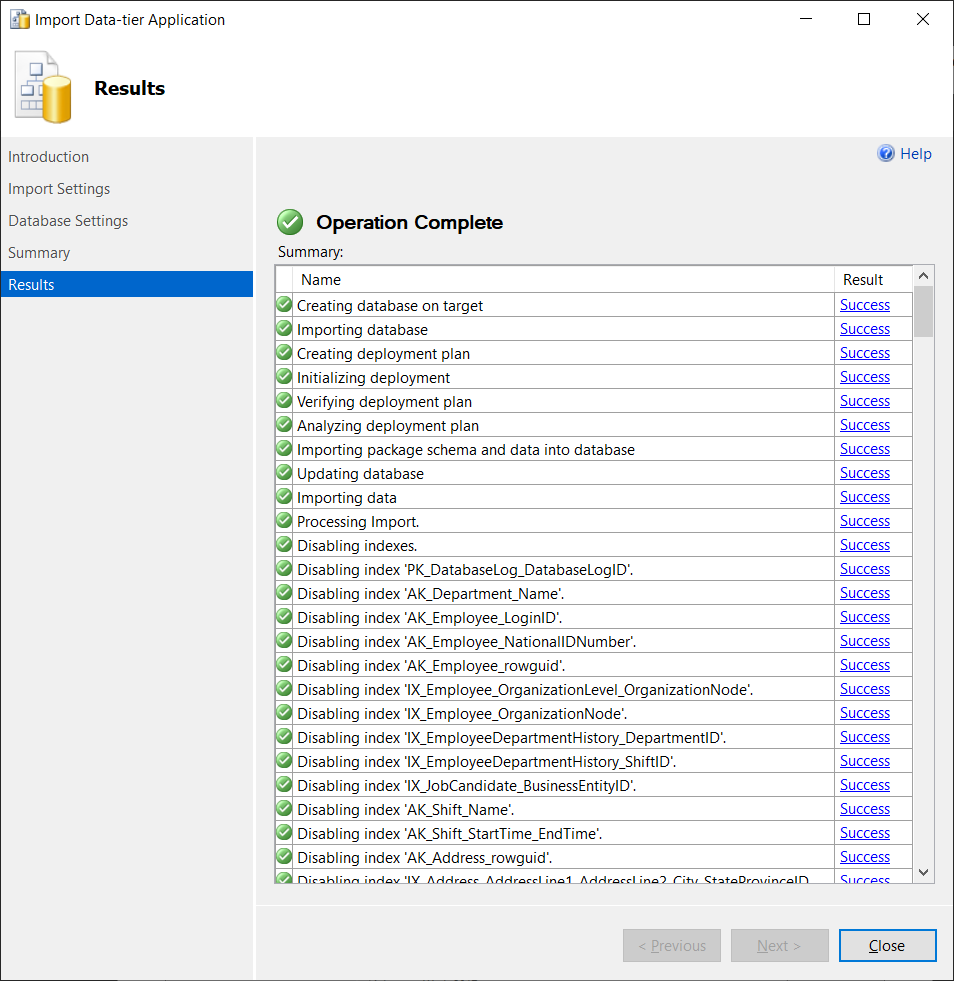 Import Completed for Data Tier Applications in SQL Server